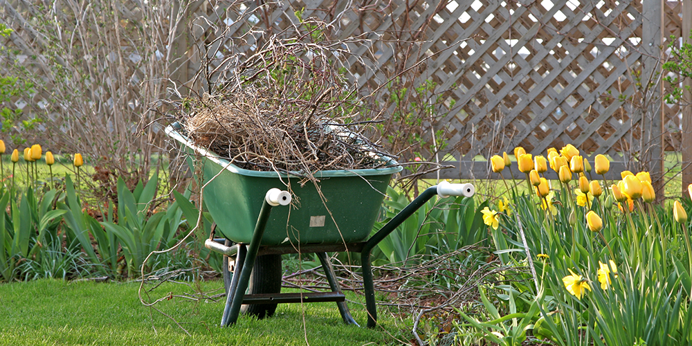 Spring Cleaning Checklist Image of a wheelbarrow filled with brush sitting among a beautiful garden.